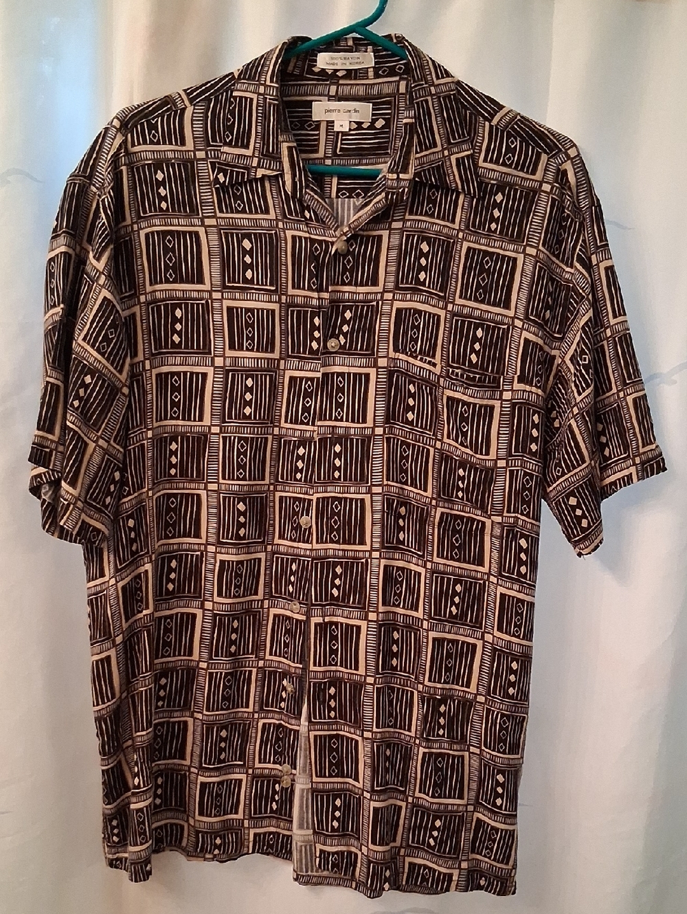 Pierre Cardin Black and Cream Patterned Short-Sleeve Button-Up Shirt